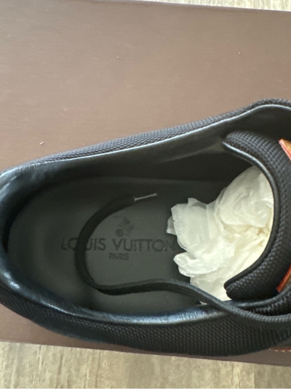 Louis Vuitton Black Leather Sneakers with Brown Accent Stripe ( With Box ✅ ) - Picture 6 of 6
